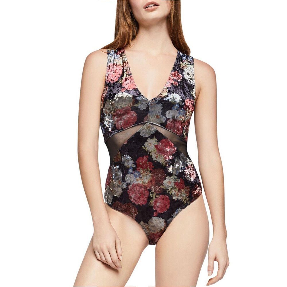 BCBGeneration Floral Crushed Velvet & Mesh Bodysuit Womens XS Brand New NWT $78